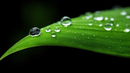 Close-Up of Fresh Green Leaf with Dew Drops on Black Background