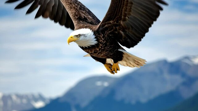 Majestic eagle soaring over mountains, captured from a low-angle, showcasing its wingspan. Ideal for a nature-themed video or wildlife project.