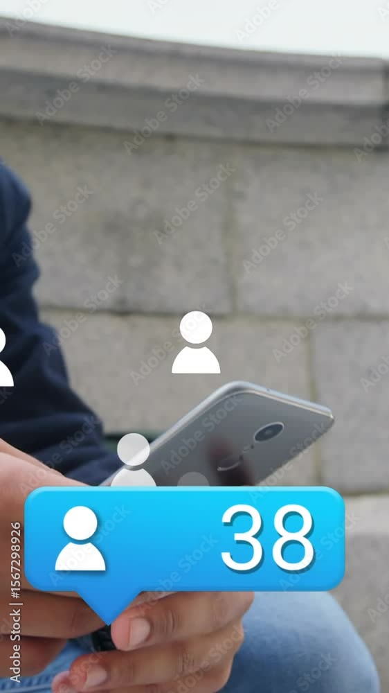 Poster animation of profile icon with increasing numbers over mid section of man using smartphone