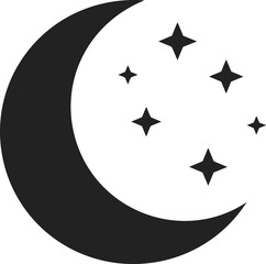 A simple graphic illustration featuring a crescent moon and several stars.