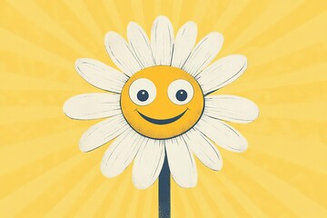 Smiling daisy on a yellow background with rays. Vector illustration, Ai Generated