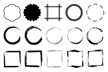 和のテイストを感じさせる筆ブラシ風の円形・四角・波・扇などのフレームや装飾素材セット｜和風・墨・白背景・デザインパーツ