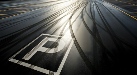 Abstract Aerial View Of Asphalt Parking Lot With Skid Marks And Symbol