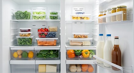 Well-organized refrigerator interior with various food items.