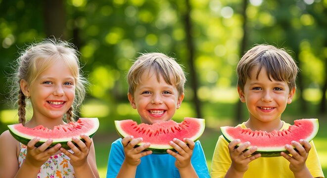 Children enjoying watermelon slices outdoors. - Powered by Adobe