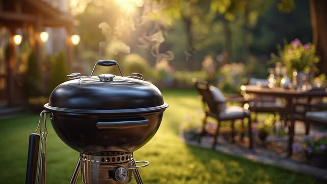 Barbecue grill with smoke in a beautiful backyard garden during a sunny summer evening.