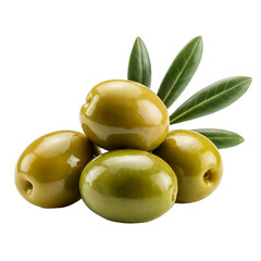 Fresh green olives with leaves mediterranean diet food ingredient raw isolated on transparent background