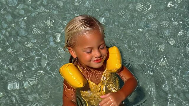 Joyful Swim: A young girl with blonde hair floats gracefully in pristine water, her face alight with happiness, and wearing yellow floaties as she enjoys the moment and the refreshing water.