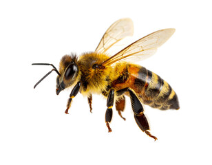 Realistic Flying Honey Bee with Transparent Wings, isolated on white background