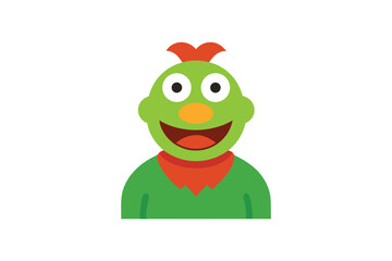 Friendly Green Puppet Character with Orange Nose and Red Scarf a Cheerful and Whimsical Cartoon Illustration