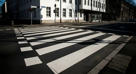 Pedestrian Crosswalk On An Empty Street Corner Of A European City During Day