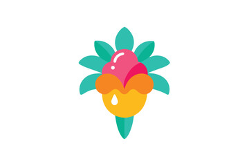 Stylized Flat Vector Illustration of a Tropical Fruit With Leaves, Orange Pulp, and Pink Filling on a White Background