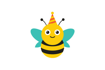 Cartoon Bee Celebrates A Birthday With Stripes and a Festive Party Hat with Joyful Expression Ready for Fun