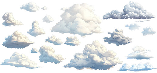 Diverse clouds in various shapes and sizes