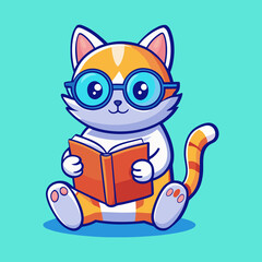 Smart Kitten Character Wearing Glasses Holding Open Book 