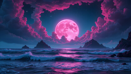 Fantasy Ocean Landscape with Glowing Full Moon, Pink Clouds, Rocky Mountains, and Magical Night Sky Over a Dreamy Violet Sea
