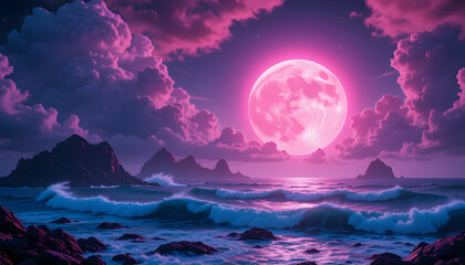 Fantasy Ocean Landscape with Glowing Full Moon, Pink Clouds, Rocky Mountains, and Magical Night Sky Over a Dreamy Violet Sea