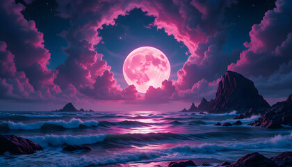 Fantasy Ocean Landscape with Glowing Full Moon, Pink Clouds, Rocky Mountains, and Magical Night Sky Over a Dreamy Violet Sea