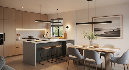 Modern kitchen and dining area with island, bar stools, and a view of nature outside.