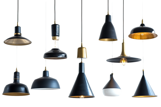 Assorted black and brass pendant lights