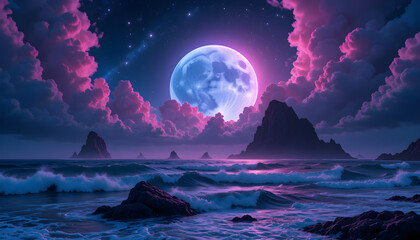 Fantasy Ocean Landscape with Glowing Full Moon, Pink Clouds, Rocky Mountains, and Magical Night Sky Over a Dreamy Violet Sea