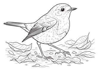 Detailed Line Art Illustration of a Robin Amidst Fallen Leaves