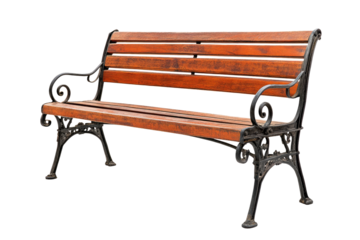 Wooden park bench with ornate metal legs and arms