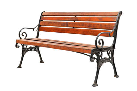 Wooden park bench with ornate metal legs and arms