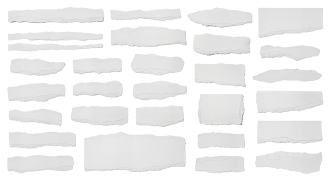 torn blank pages with uneven texture edges. set of ripped white paper sheets png isolated on transparent background. document or newspaper mockup