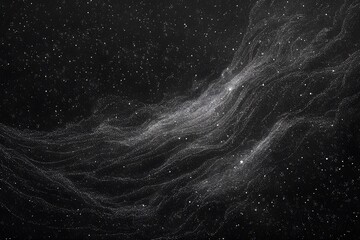 Abstract cosmic swirls of light and dark, resembling a nebula or galaxy. The grayscale palette creates a sense of mystery and depth.