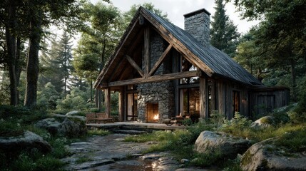 Rustic Log Cabin nestled in a lush green forest, showcasing a stone fireplace and tranquil surroundings
