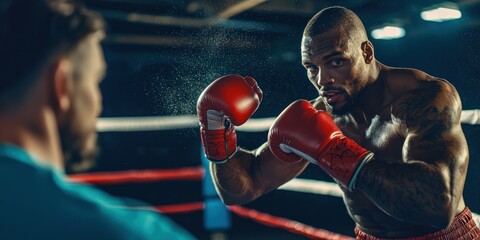 A determined boxer practicing punches with a coach inside a boxing ring
