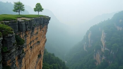 Survival and resilience concept with lone trees on steep rocky cliff edge above misty canyon in dramatic natural landscape