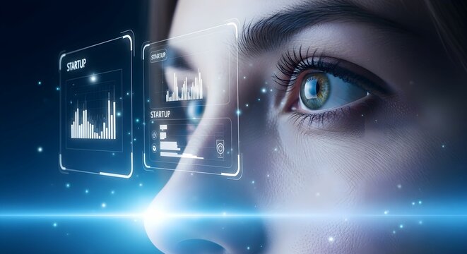 Close-up of woman's eye scanning digital interface in futuristic virtual reality environment