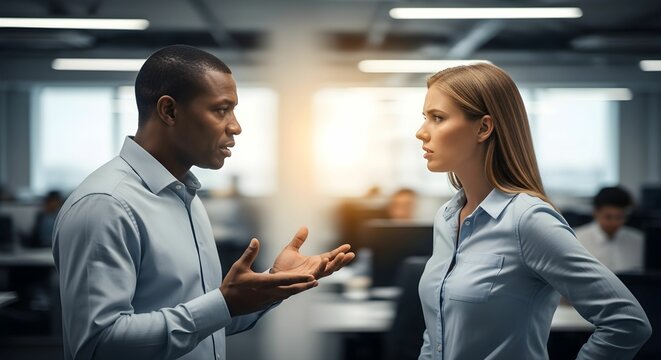 Two colleagues having a serious discussion in a modern office space