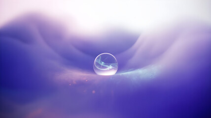 Floating Iridescent Sphere in a Surreal Dreamscape of Soft Purple and Pink Clouds with Ambient Light and Magical Atmosphere