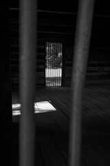 View from outside Snodgrass cabin between the security bars on a window, with a door on the far wall and light entering the dark cabin from the left, black and white