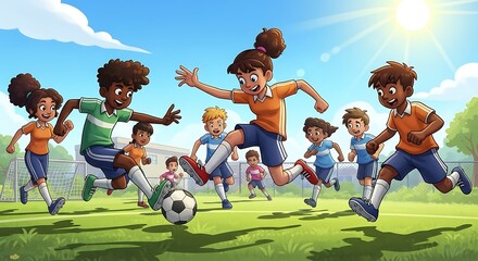 Children playing soccer on a sunny field, full of energy and excitement.