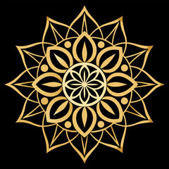A richly detailed gold mandala with layered petals, set on a deep black canvas to represent elegance and harmony.