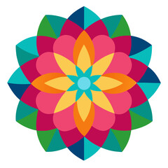 A stained-glass inspired mandala with bold, colorful petals arranged in a vibrant radial pattern.