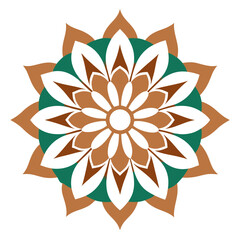 A bold mandala with strong radial symmetry and thick curving lines, forming petal-like shapes.