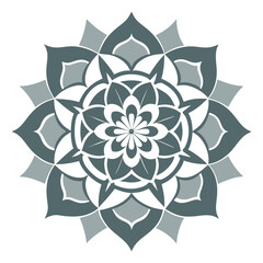 A radial monochrome mandala with complex floral and geometric interweaving, displaying ornate structure.