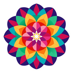 A stained-glass inspired mandala with bold, colorful petals arranged in a vibrant radial pattern.