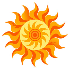 A blazing mandala with swirling hues of orange and yellow, resembling a fiery solar blossom.