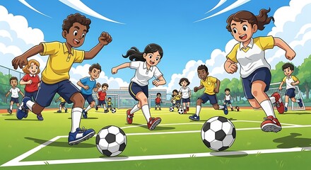 Energetic children joyfully play soccer on a sunny field, showcasing teamwork and spirited competition.