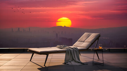 Vibrant Urban Sunset with Silhouetted Cityscape, Construction Crane, Flying Birds, and Glowing Sun Behind a Distant Mountain