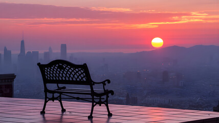 Vibrant Urban Sunset with Silhouetted Cityscape, Construction Crane, Flying Birds, and Glowing Sun Behind a Distant Mountain