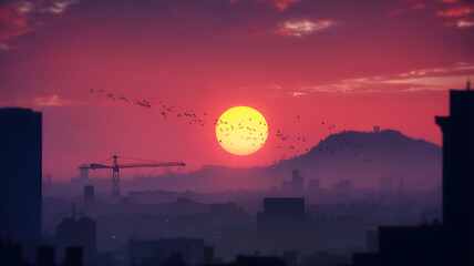 Vibrant Urban Sunset with Silhouetted Cityscape, Construction Crane, Flying Birds, and Glowing Sun Behind a Distant Mountain