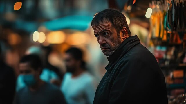 Middle-Aged Man Gazes Deeply in Crowd