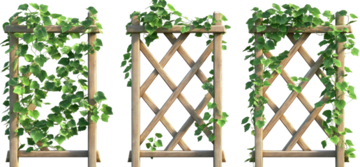 Three wooden trellis screens, adorned with climbing greenery